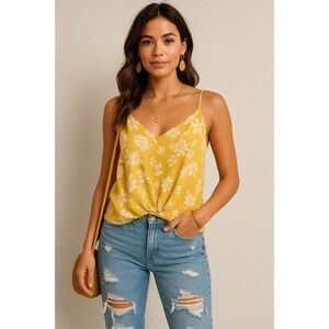 Lush Boho Chic Mustard Yellow Floral Knot Front Cami Tank Top Women's Size L‎
